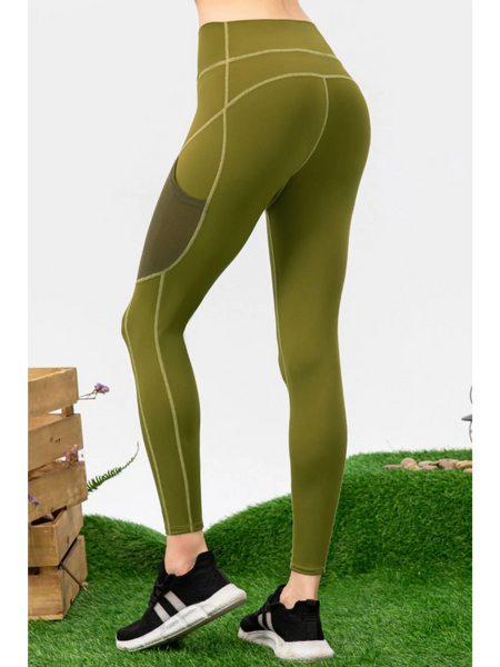 Trendsi olive green compression slim fit workout pants for women with contrast stitching