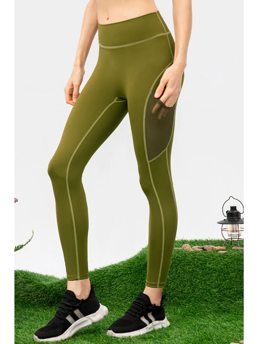 Trendsi olive green compression slim fit workout pants for women with mesh side pocket