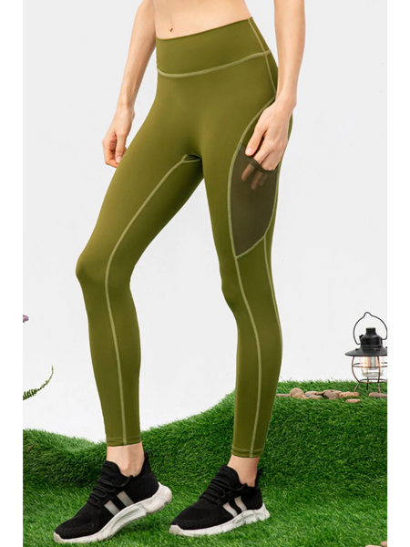 Trendsi olive green compression slim fit workout pants for women with mesh side pockets
