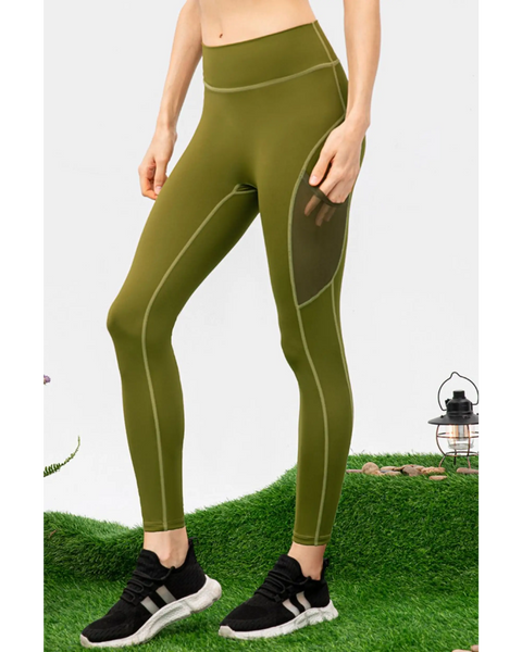 Trendsi olive green compression slim fit workout pants for women with mesh side pockets