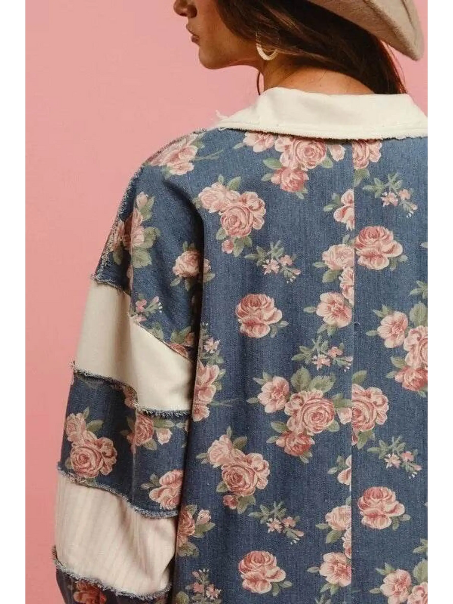 Babe Beachwear floral contrast collar summer romper with pink roses on blue fabric
