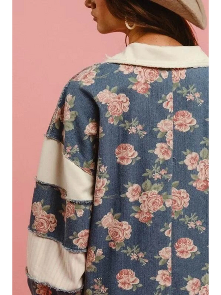 Babe Beachwear floral contrast collar summer romper with pink roses on blue fabric