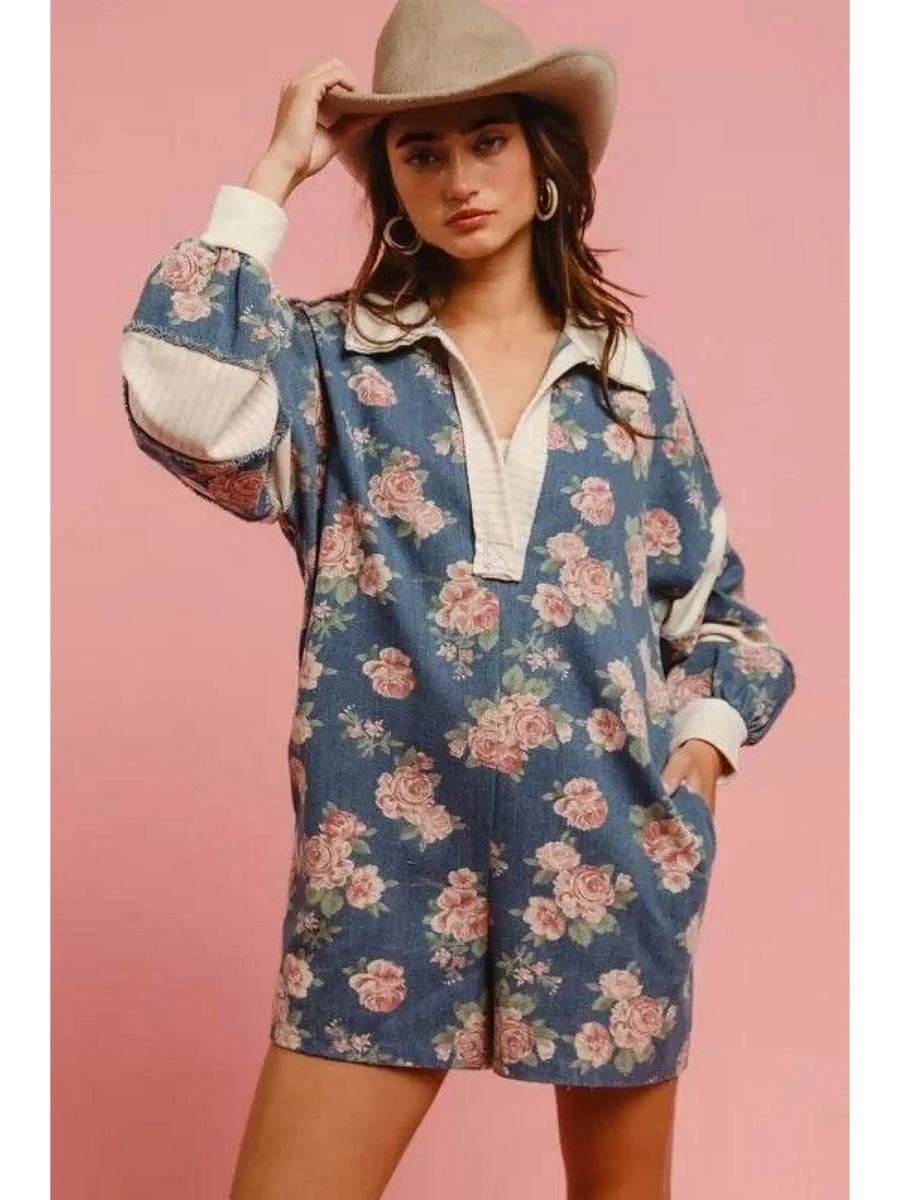 Babe Beachwear floral print contrast collar summer romper with long sleeves and pockets