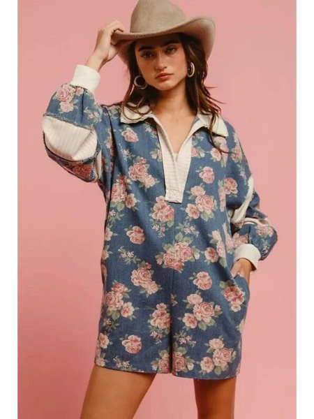 Babe Beachwear floral print contrast collar summer romper with long sleeves and pockets
