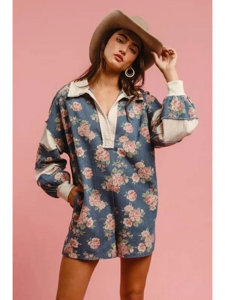 Babe Beachwaer floral contrast collar summer romper with long sleeves and relaxed fit