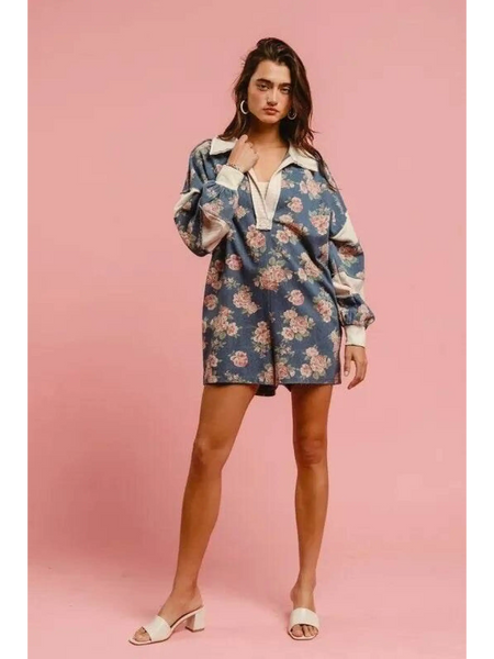 Babe Beachwear floral print contrast collar summer romper with long sleeves and relaxed fit