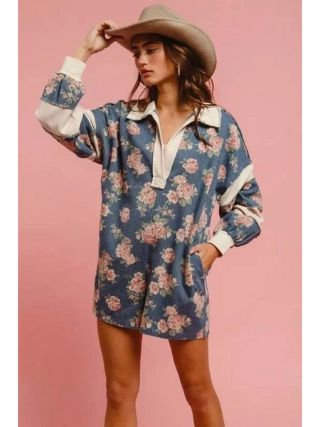 Babe Beachwear contrast collar summer romper with floral print and long sleeves worn with a hat