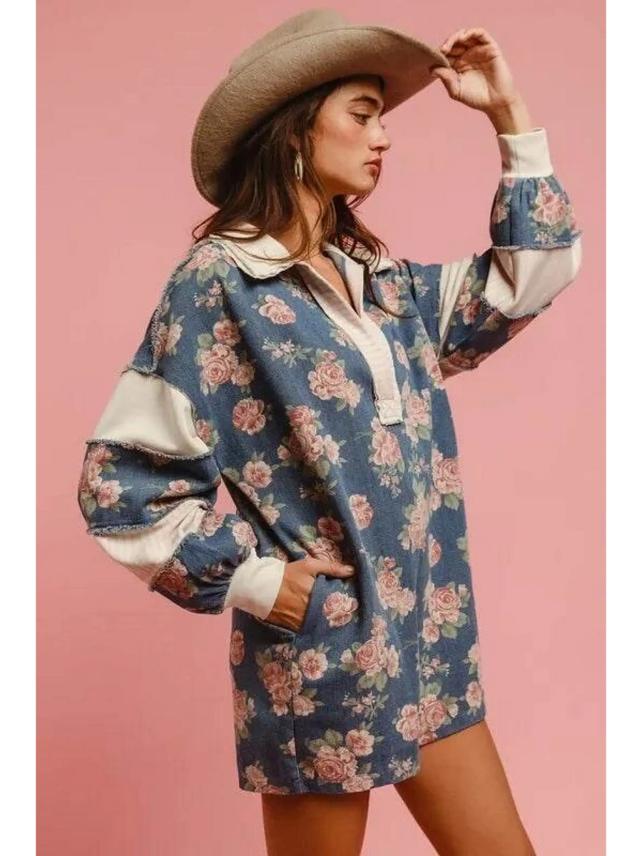Babe Beachwear contrast collar summer romper with floral print and long puff sleeves