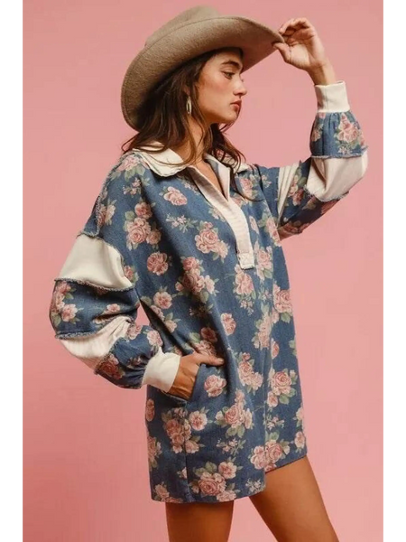 Babe Beachwear contrast collar summer romper with floral print and long puff sleeves