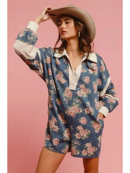 Babe Beachwear contrast collar summer romper with floral print and long sleeves styled with wide-brim hat