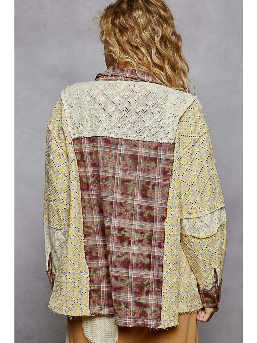 Trendsi contrast plaid long sleeve top featuring mixed patterned back and lace details