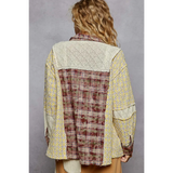 Trendsi contrast plaid long sleeve top featuring mixed patterned back and lace details