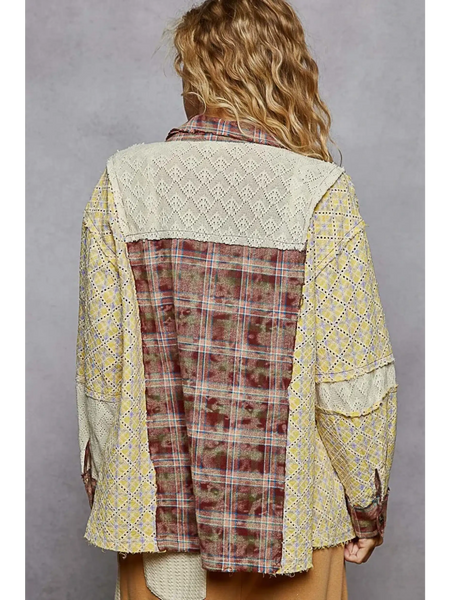 Trendsi contrast plaid long sleeve top featuring mixed patterned back and lace details