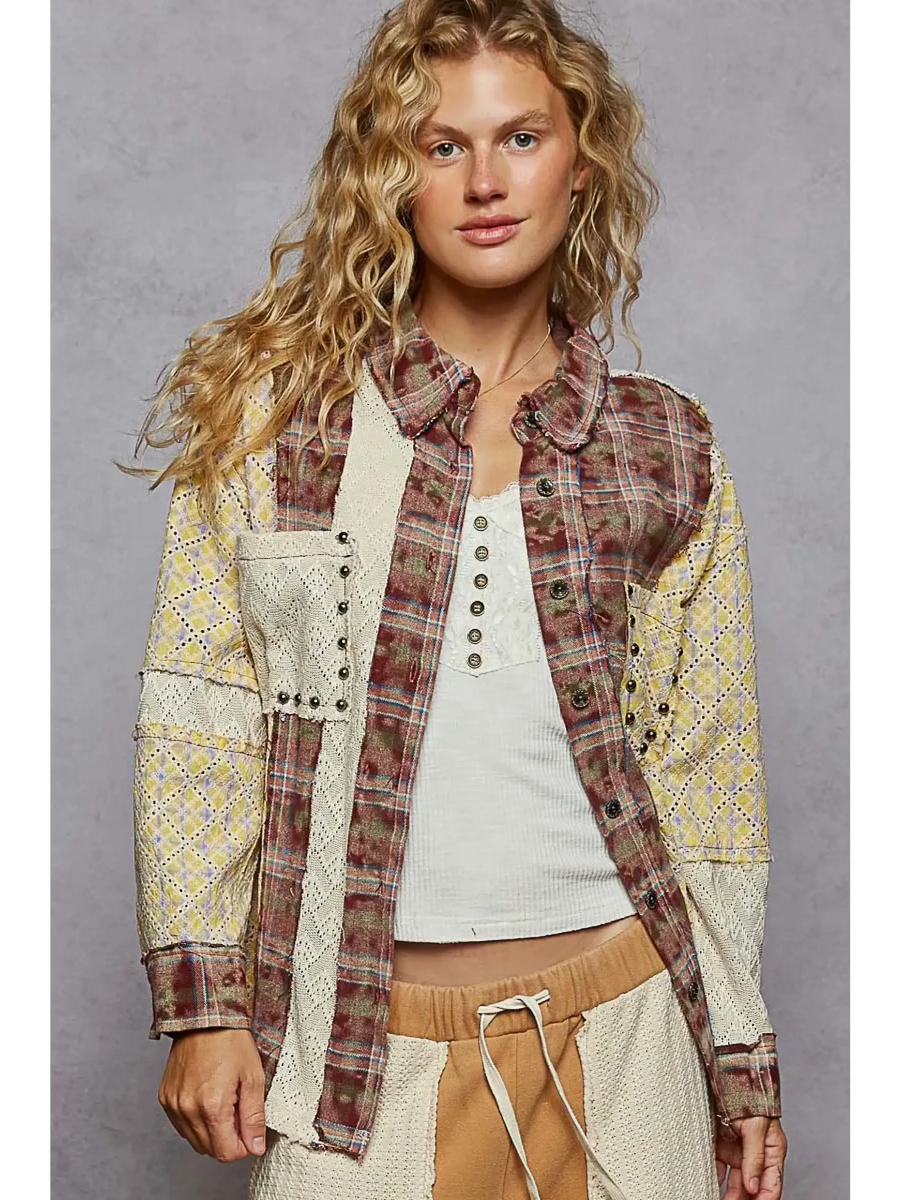 Trendsi contrast plaid long sleeve top with patchwork design worn by model