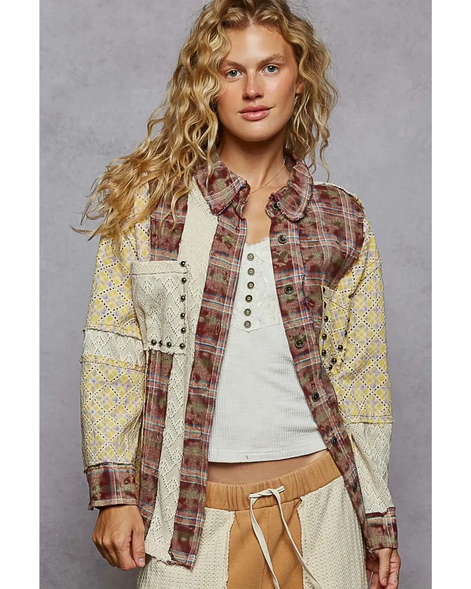 Trendsi contrast plaid long sleeve top with patchwork design worn by model
