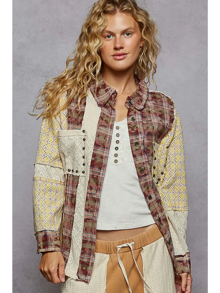Trendsi contrast plaid long sleeve top with patchwork design worn by model