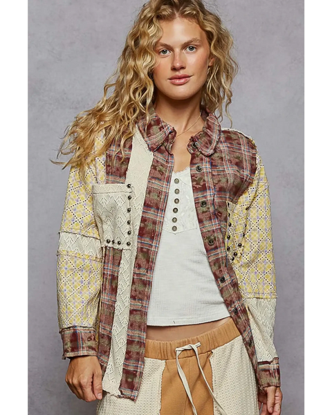 Trendsi contrast plaid long sleeve top with patchwork design worn by model