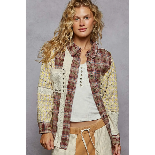 Trendsi contrast plaid long sleeve top with patchwork design worn by model