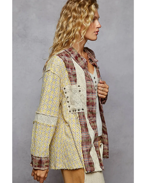 Trendsi contrast plaid long sleeve top with mixed yellow and red plaid patterns on a female model