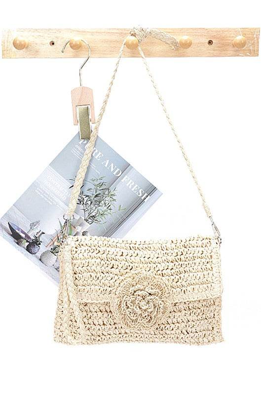 Babe Beachwear convertible straw purse for women with decorative flower and shoulder strap