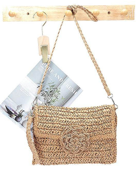 Babe Beachwear convertible straw purse for women with braided strap and floral detail in natural color