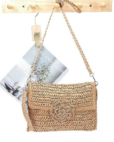 Babe Beachwear convertible straw purse for women with braided strap and floral detail in natural color