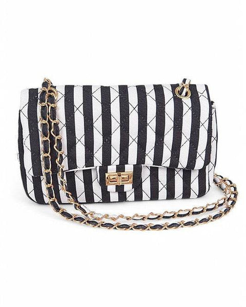 Babe Beachwear Cotton Stripe Shoulder Bag Summer Resort Fashion with black and white stripes and gold chain strap
