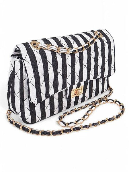 Cotton Stripe Shoulder Bag Summer Resort Fashion with gold chain and black white stripes