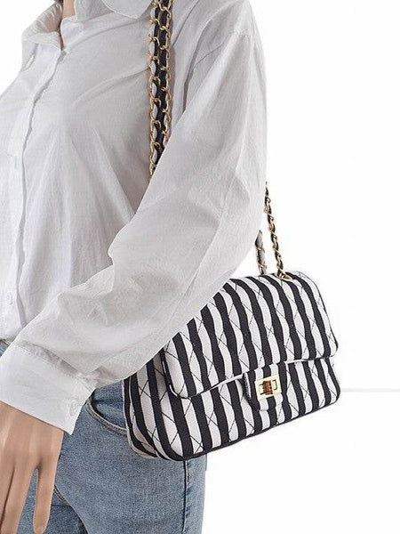 Babe Beachwaer Cotton Stripe Shoulder Bag Summer Resort Fashion with black and white stripes and gold chain strap