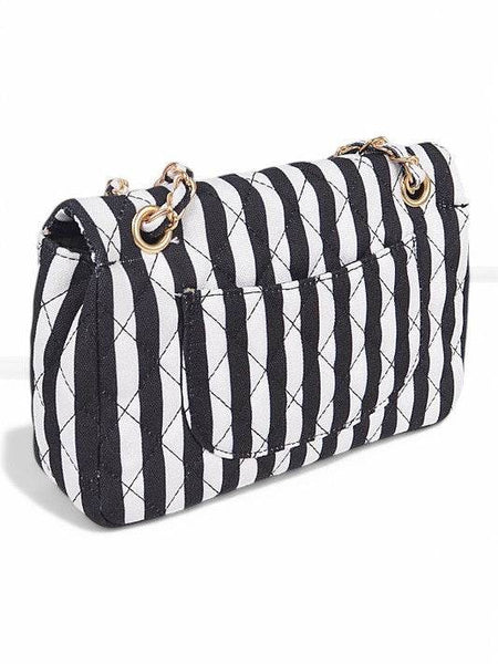 Cotton Stripe Shoulder Bag Summer Resort Fashion by Babe Beachwaer in black and white stripes with gold chain straps