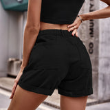 Black cotton women's beach cargo shorts from Babe Beachwaer with back pockets and rolled hems