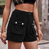 Black cotton women's beach cargo shorts by Babe Beachwear with front flap pockets and button details