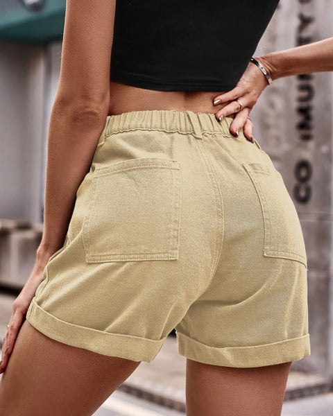 Babe Beachwaer cotton women's beach cargo shorts in beige with elastic waistband and back pockets