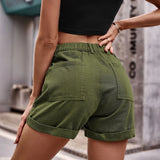 Babe Beachwear cotton women's beach cargo shorts in olive green with back pockets and elastic waistband