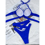 Beach Babes crisscross halter neck bikini in blue with padded cups and strappy design