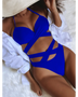 Beach Babes blue crisscross halter neck bikini with stylish cutouts on model reclining