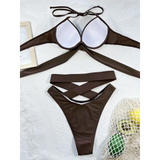 Beach Babes crisscross halter neck bikini in dark brown with padded cups and high-cut bottoms