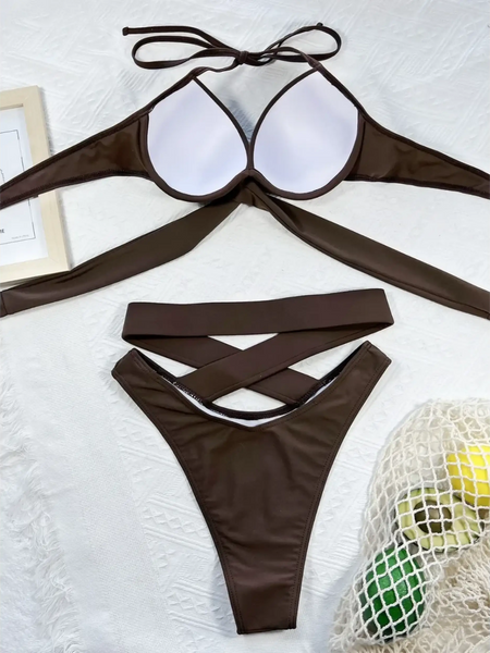 Beach Babes crisscross halter neck bikini in dark brown with padded cups and high-cut bottoms