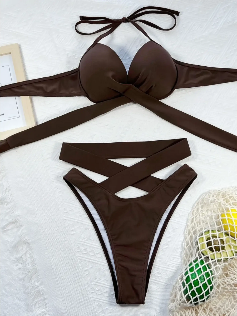 Beach Babes brown crisscross halter neck bikini with padded cups and high-waisted bottoms