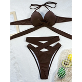 Beach Babes brown crisscross halter neck bikini with padded cups and high-waisted bottoms