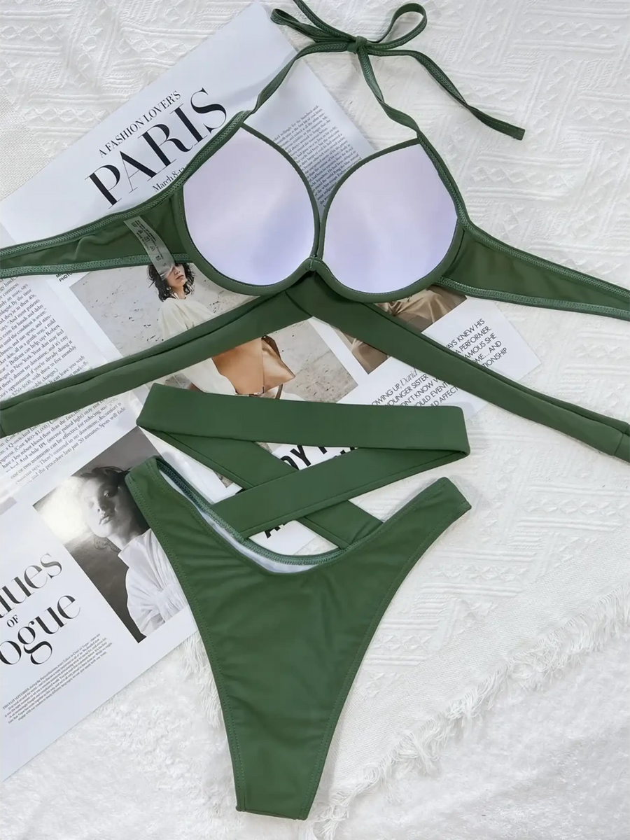 Beach Babes olive green crisscross halter neck bikini with padded cups and high-cut bottoms