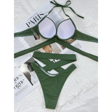Beach Babes olive green crisscross halter neck bikini with padded cups and high-cut bottoms