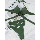 Beach Babes crisscross halter neck bikini in olive green with padded top and high-waist bottoms