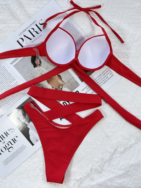 Beach Babes red crisscross halter neck bikini with padded cups and wrap-around straps