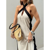 Trendsi beige and black crisscross maxi dress for women with keyhole neckline and sleeveless design