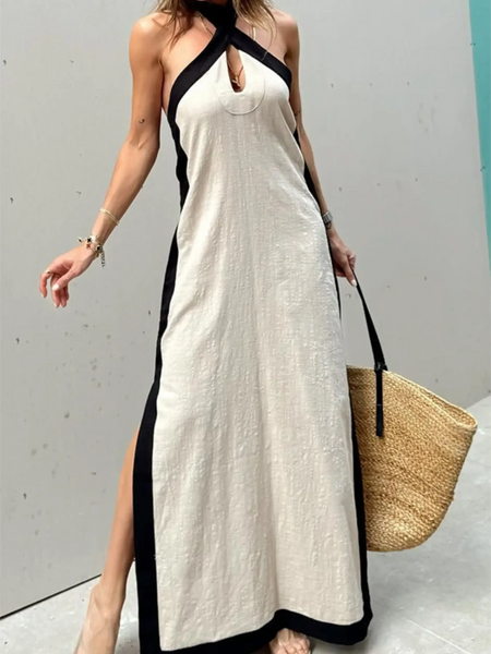 Trendsi crisscross maxi dress for women in beige with black trim and side slits styled with a straw tote