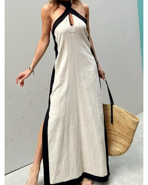 Trendsi crisscross maxi dress for women in beige with black trim and side slits styled with a straw tote
