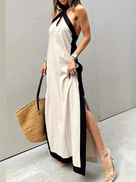 Trendsi crisscross maxi dress for women in beige with black trim and side slit, styled with a woven handbag