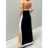 Trendsi black and white crisscross maxi dress for women with backless design and side slit