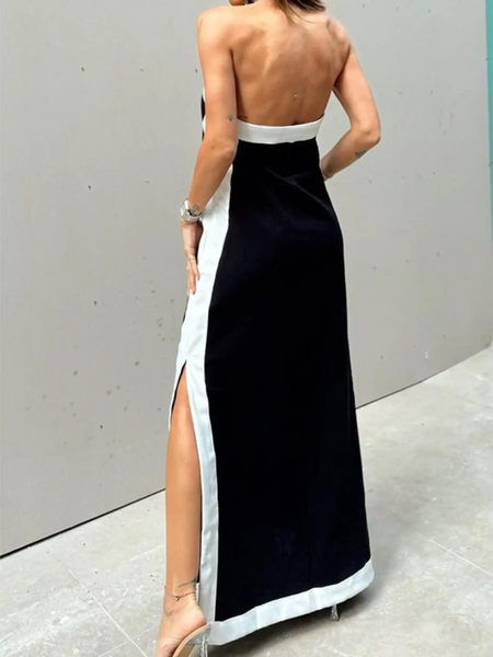 Trendsi black and white crisscross maxi dress for women with backless design and side slit